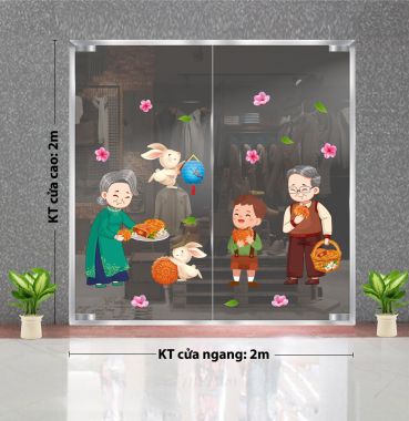 DECAL TRANG TRÍ TẾT TRUNG THU ÔNG BÀ CHÁU VUI PHÁ CỔ