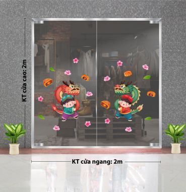 DECAL TRANG TRÍ TẾT TRUNG THU HAI BÉ MÚA RỒNG