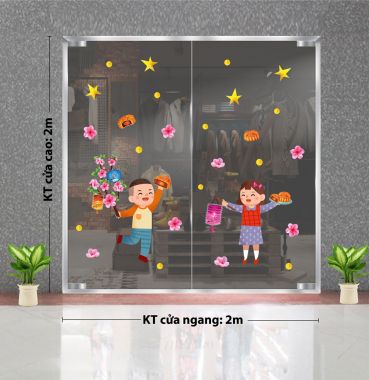 DECAL TRANG TRÍ TRUNG THU BÉ TRAI BÉ GÁI XÁCH LỒNG ĐÈN ĂN BÁNH TRUNG THU