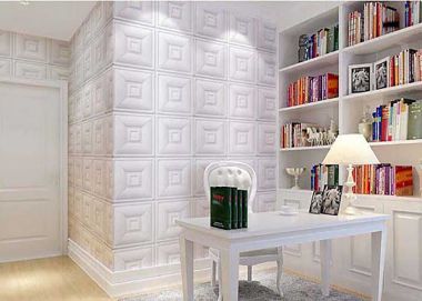 Xốp dán tường 3D giả da vuông màu trắng sữa