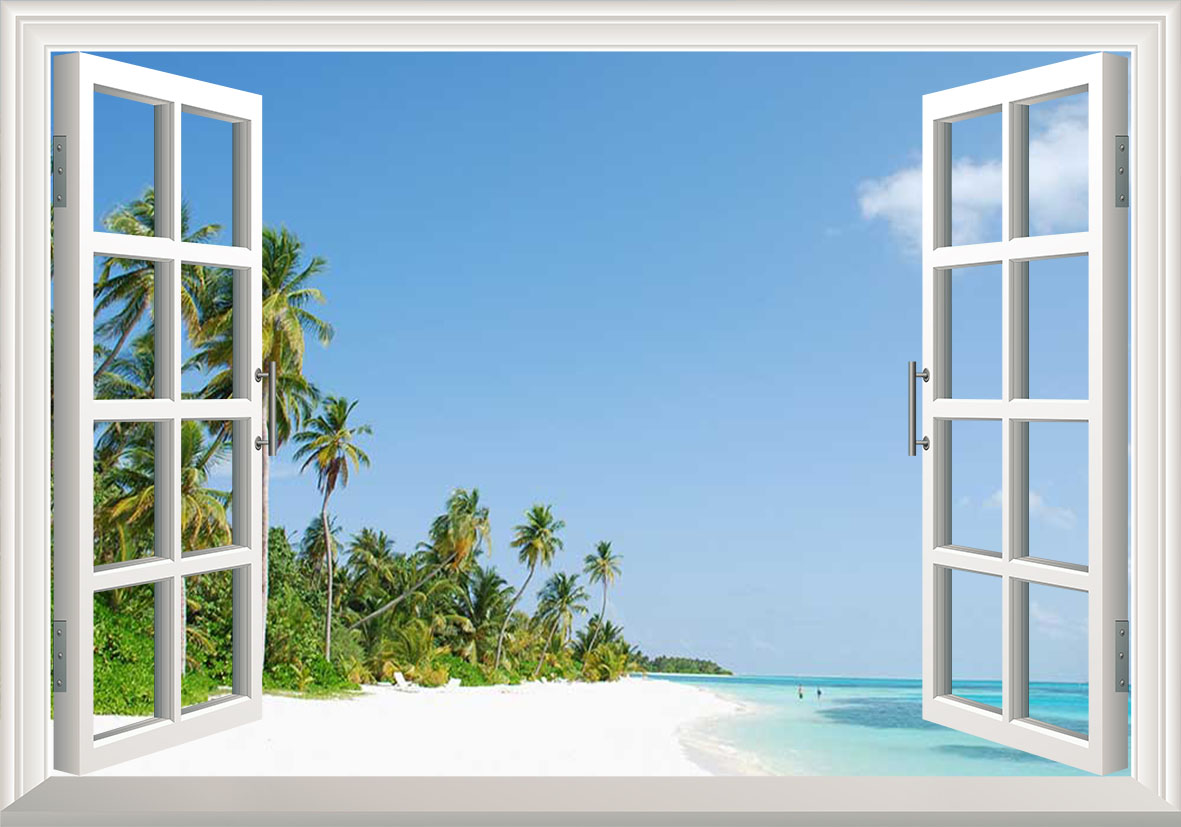 Tranh dán tường cửa sổ 3D bãi biển Paradise