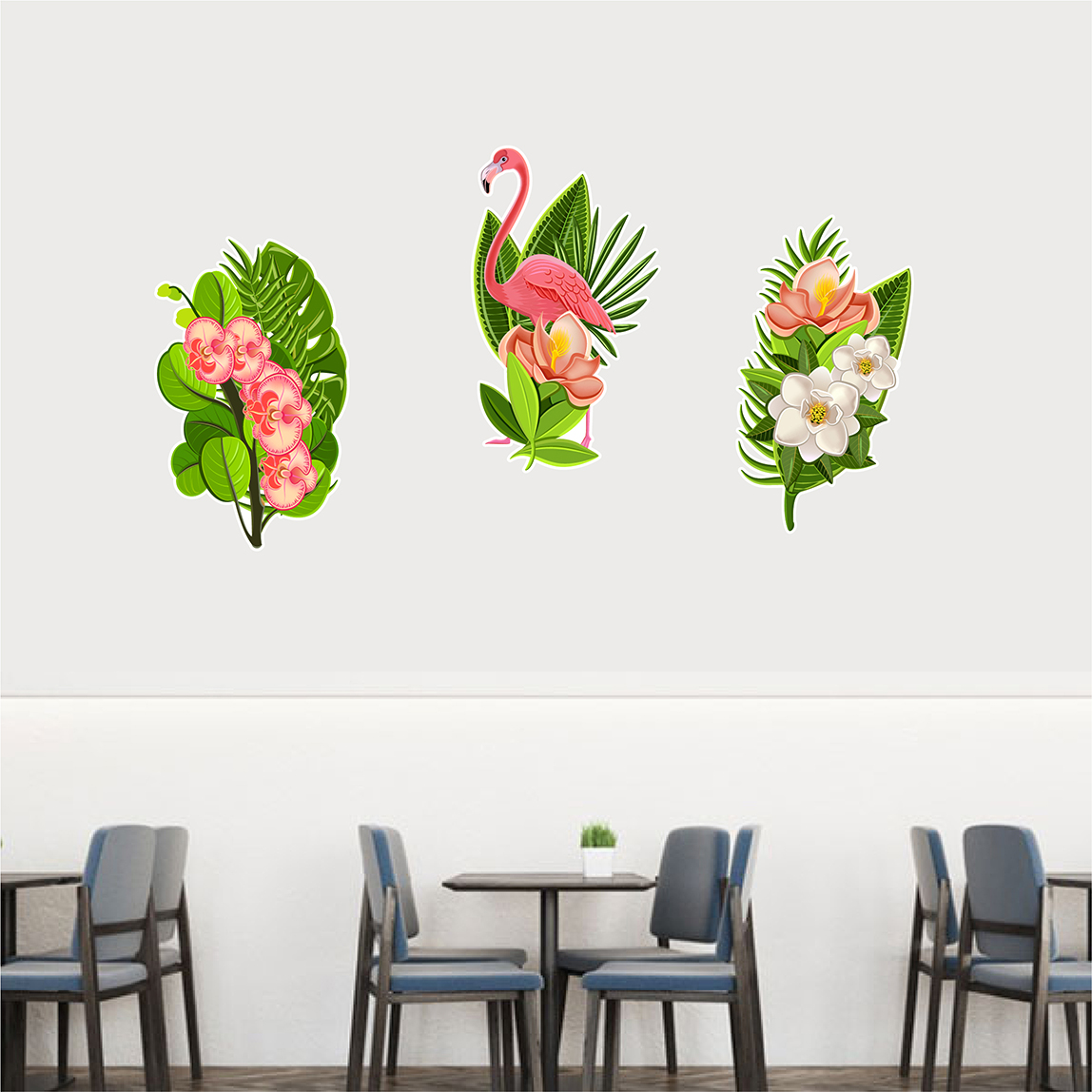 Decal trang trí quán bộ ba hoa lá và chim hạt