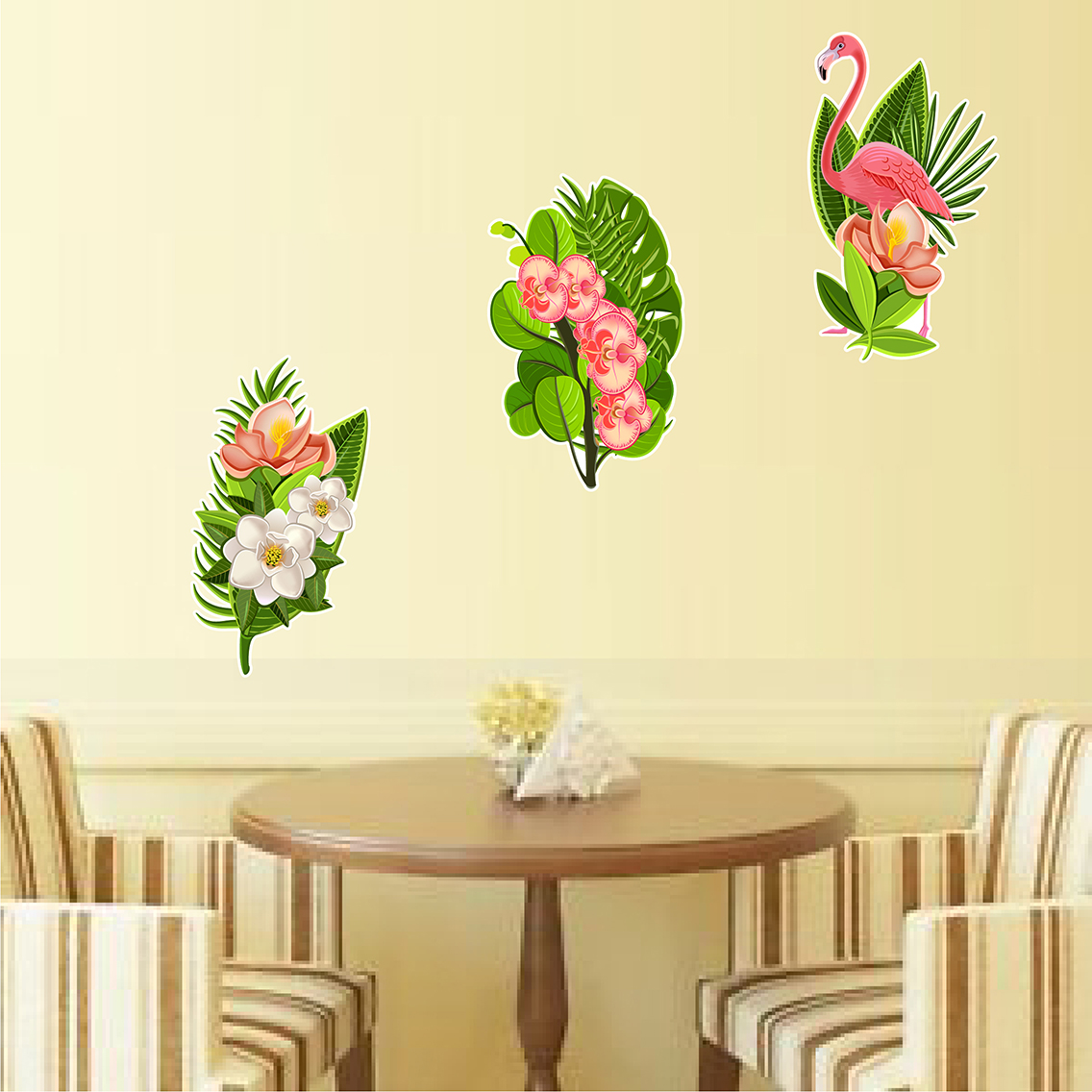 Decal trang trí quán hồng hạt và hoa nhiệt đới