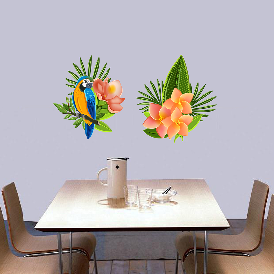 Decal trang trí quán chim vẹt và hoa nhiệt đới