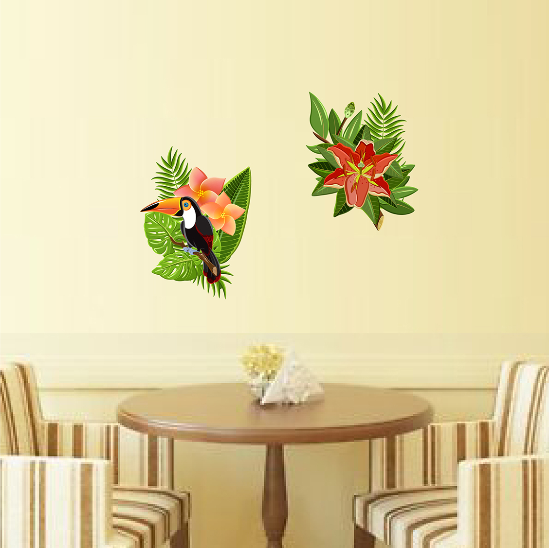 Decal trang trí quán chim gõ kiến và hoa nhiệt đới