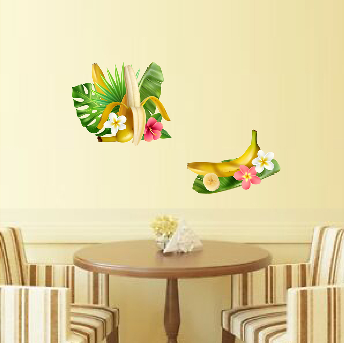 Decal trang trí quán quả chuối và hoa nhiệt đới
