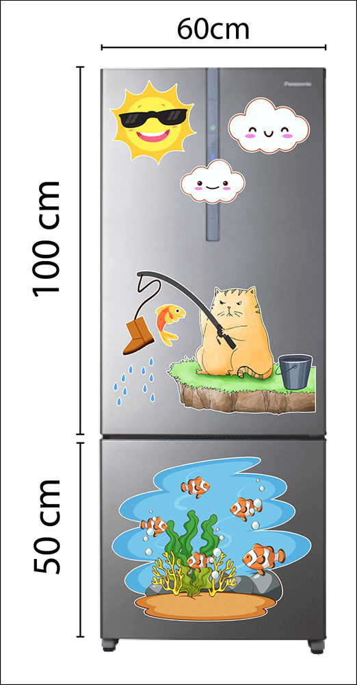 Decal trang trí tủ lạnh mèo câu cá