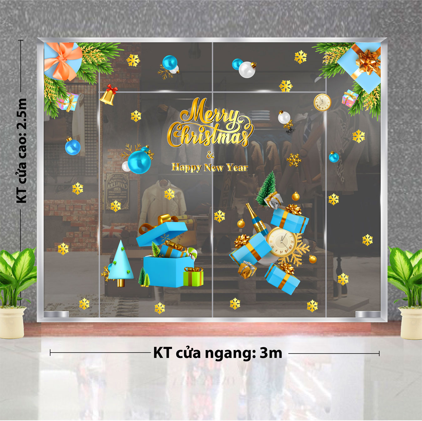 DECAL TRANG TRÍ GIÁNG SINH BÙNG NỔ ĐÓN NOEL VỚI SET XANH