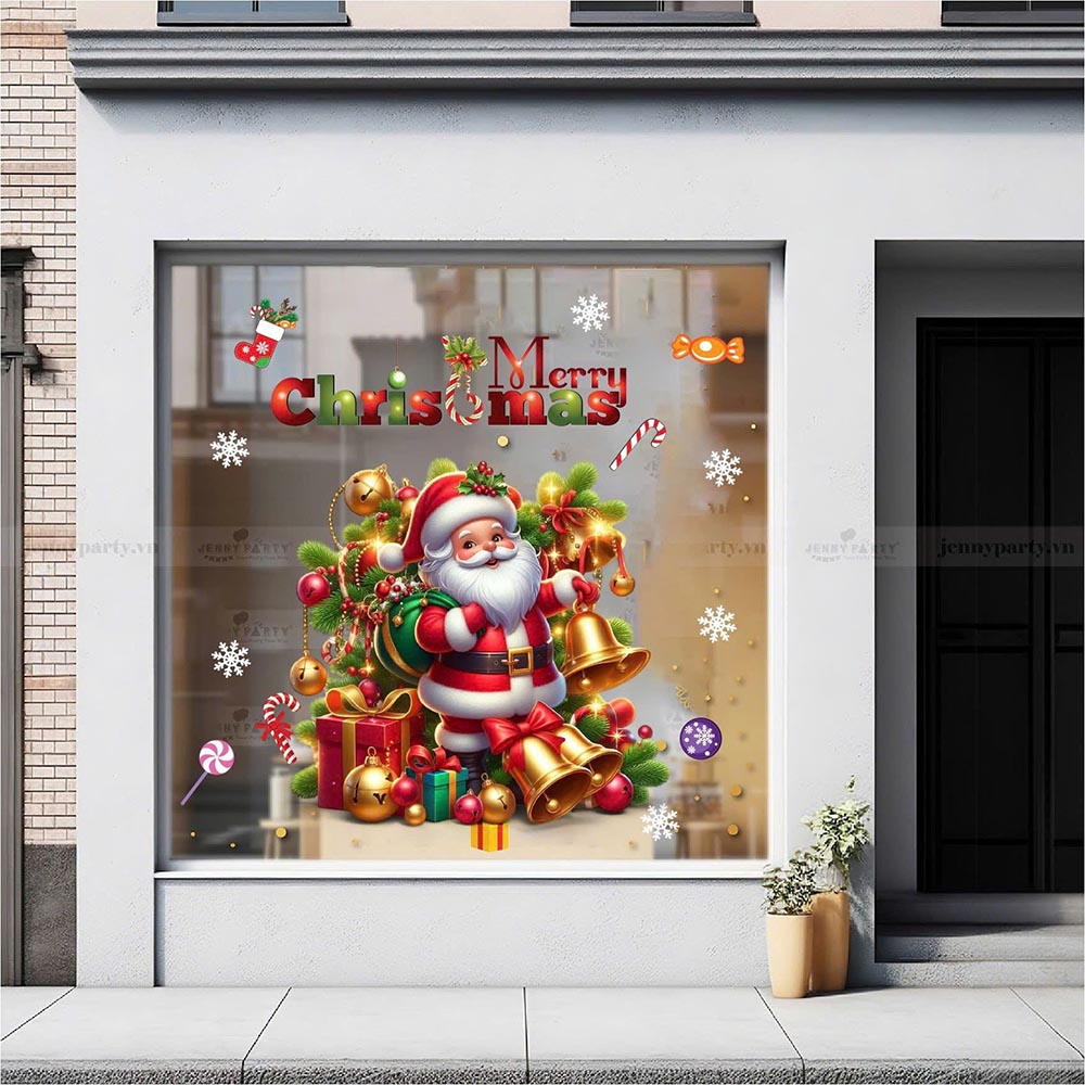 DECAL TRANG TRÍ GIÁNG SINH ÔNG GIÀ NOEL CẦM CHUÔNG VÀNG