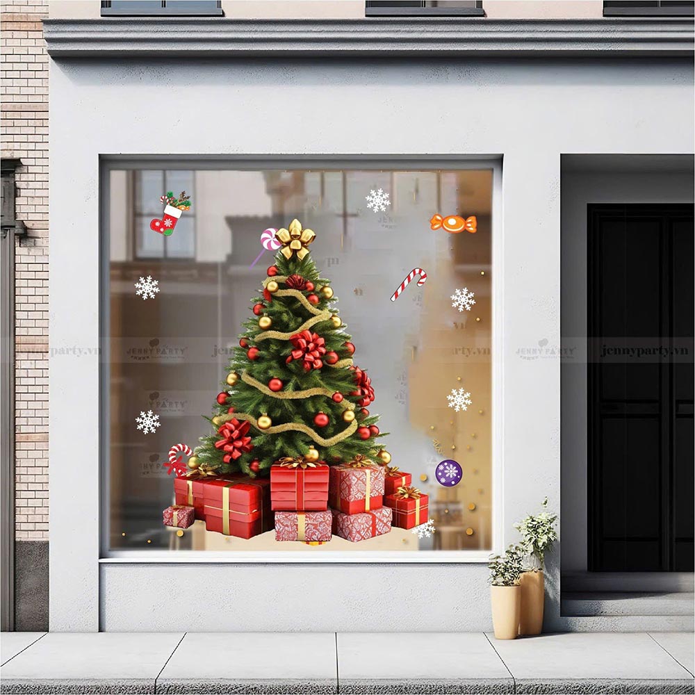 DECAL TRANG TRÍ NOEL CÂY THÔNG VÀ NHỮNG HỘP QUÀ ĐỎ