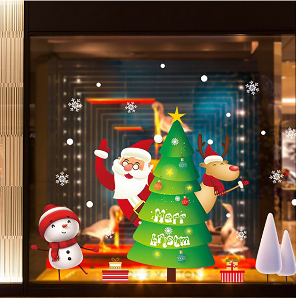 Decal trang trí Ông già Noel , người tuyết và tuần lộc bên cây thông 