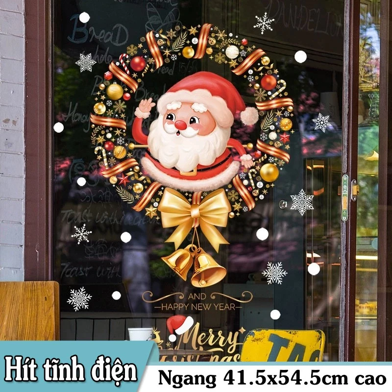 DECAL TĨNH ĐIỆN TRANG TRÍ NOEL ÔNG GIÀ NOEL TRONG VÒNG NGUYỆT QUẾ