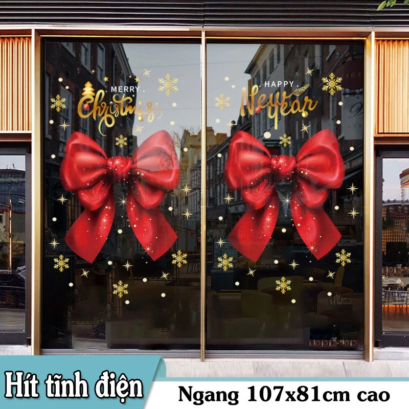 DECAL TĨNH ĐIỆN TRANG TRÍ NOEL ĐÔI NƠ ĐỎ VÀ BÔNG TUYẾT VÀNG