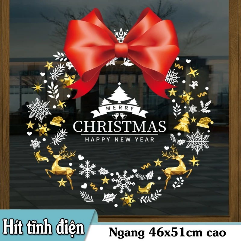 DECAL TĨNH ĐIỆN TRANG TRÍ GIÁNG SINH VÒNG NGUYỆT QUẾ NƠ ĐỎ