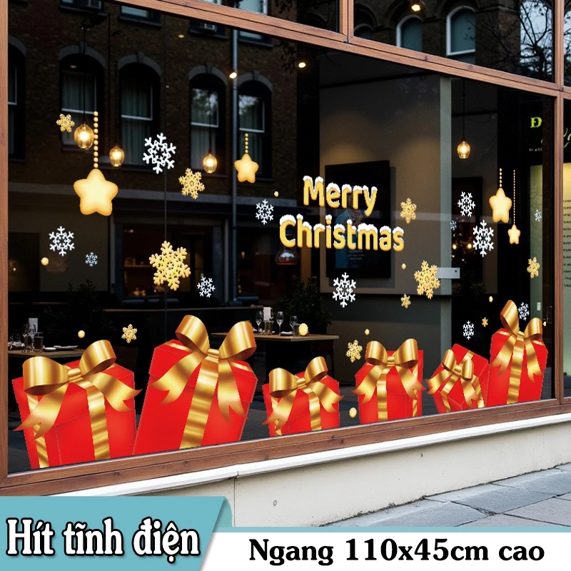 DECAL TĨNH ĐIỆN TRANG TRÍ NOEL NHỮNG HỘP QUÀ ĐỎ VÀ DÂY TREO NGÔI SAO