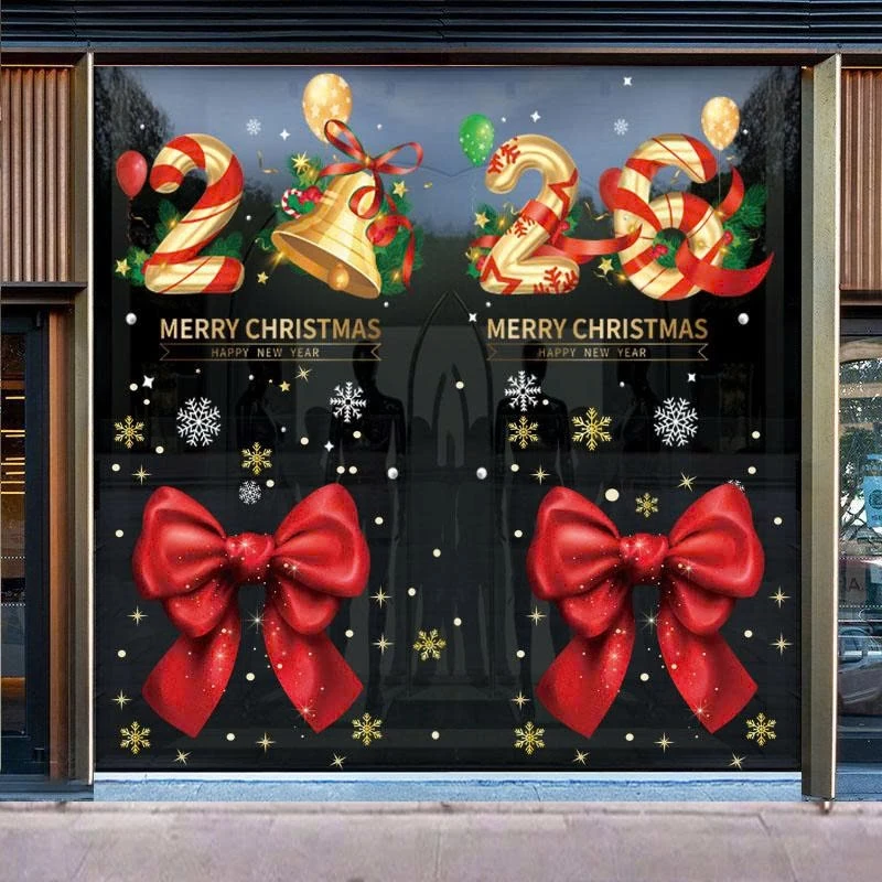 DECAL TĨNH ĐIỆN TRANG TRÍ GIÁNG SINH NƠ ĐỎ SỐ 2026 CHUÔNG VÀNG