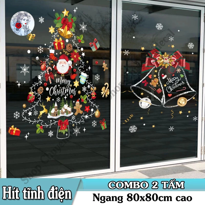 DECAL TĨNH ĐIỆN TRANG TRÍ GIÁNG SINH QUẢ CHUÔNG VÀ CÂY THÔNG