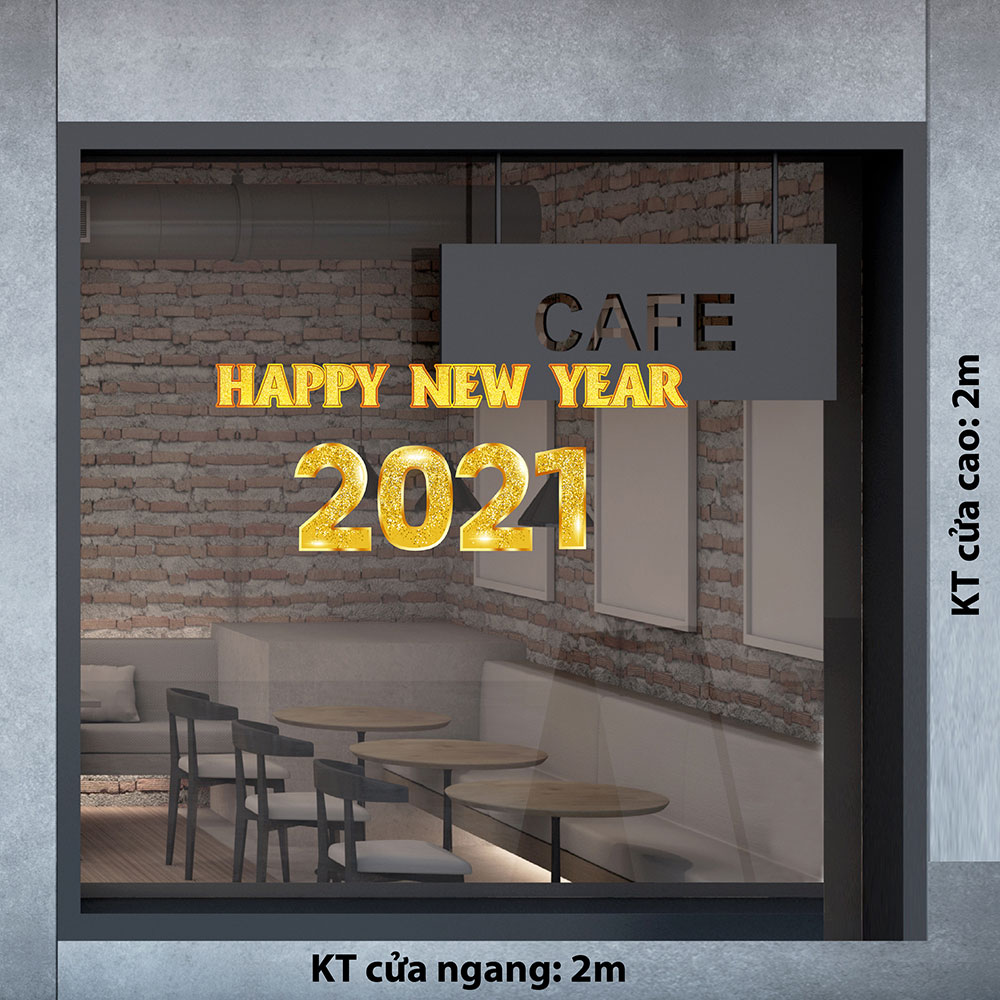 Decal trang trí tết chữ Happy new year 2021 vàng