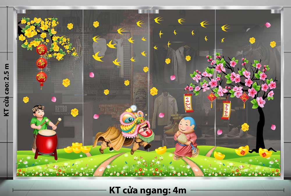 TRANG TRÍ TẾT ĐỘI LÂN SƯ DƯỚI CÀNH MAI CÀNH ĐÀO