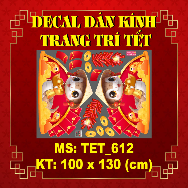 DECAL TRANG TRÍ TẾT ĐÔI RẮN VÀNG BÊN QUẠT ĐỎ