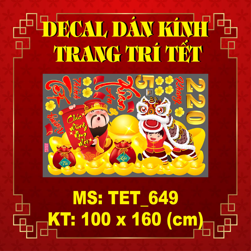 DECAL TRANG TRÍ TẾT THẦN TÀI VÀ LÂN TRÊN THẢM VÀNG CHÚC XUÂN