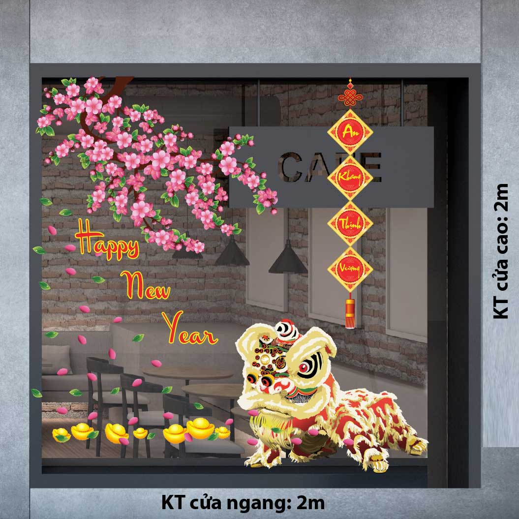 DECAL TRANG TRÍ TẾT MÚA LÂN BÊN CÀNH ĐÀO