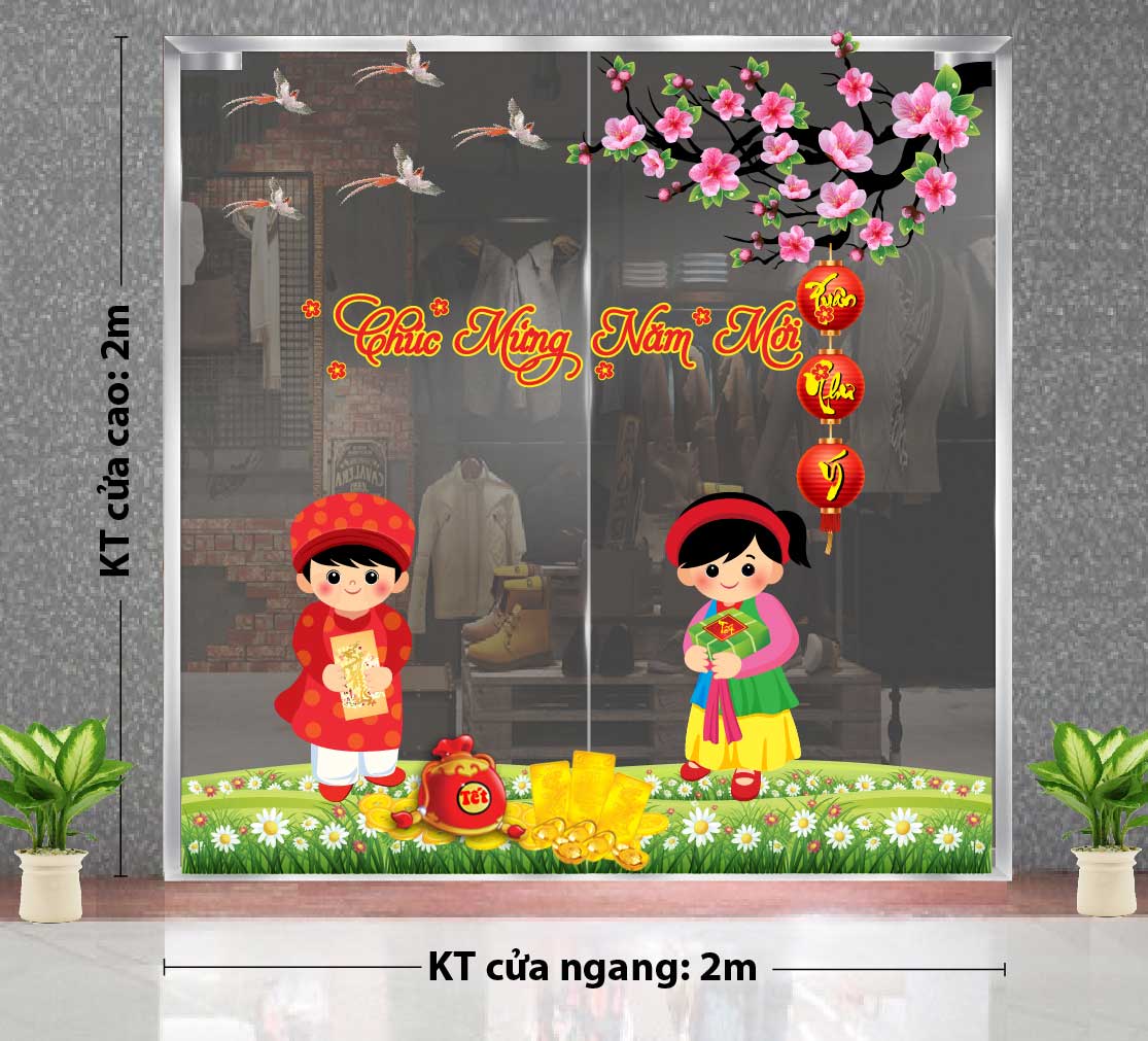 TRANG TRÍ TẾT CÀNH ĐÀO HỒNG VÀ BÉ TRAI BÉ GÁI