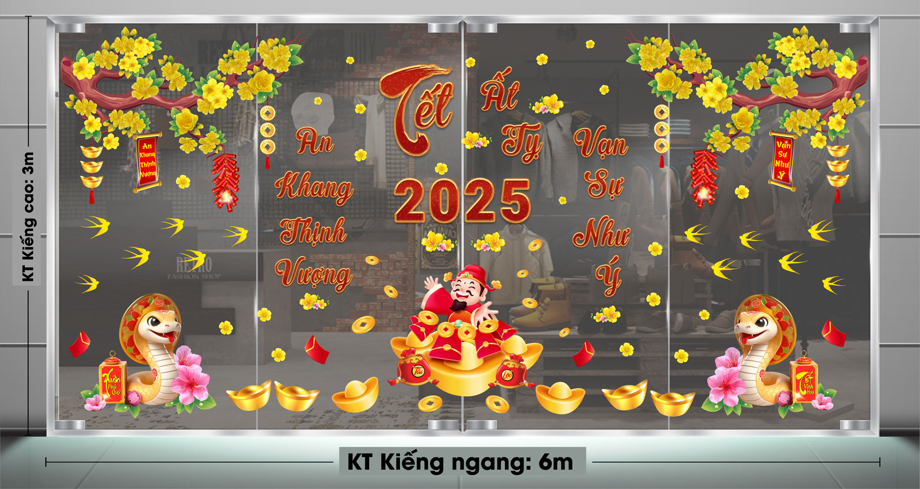 Decal trang trí tết thần tài và rắn