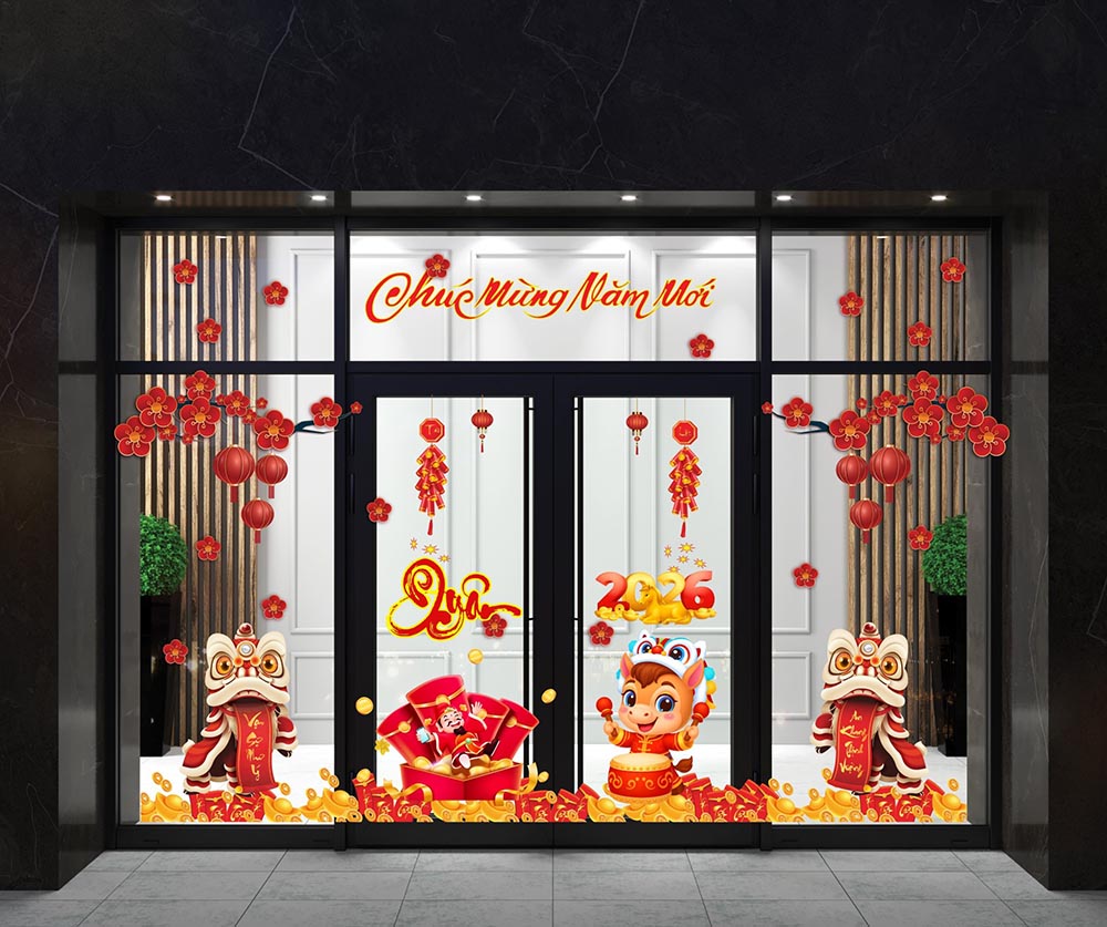 DECAL TRANG TRÍ TẾT BÍNH NGỌ 2026 VUI CÙNG LÂN SƯ