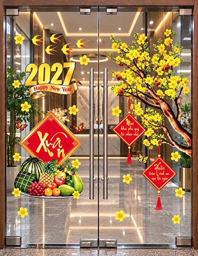 DECAL TRANG TR&Iacute; TẾT M&Acirc;M NGỦ QUẢ V&Agrave; MAI V&Agrave;NG