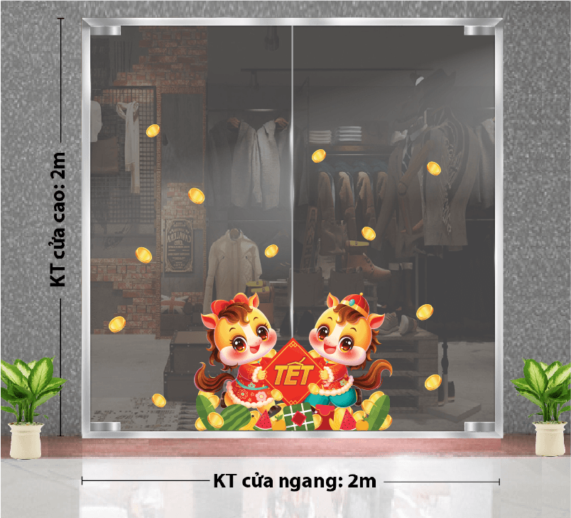 DECAL TRANG TRÍ TẾT ĐÔI NGỰA NHỎ CẦM CHỮ TẾT