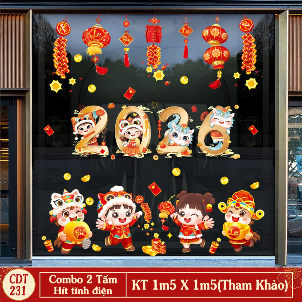 DECAL TĨNH ĐIỆN TRANG TRÍ TẾT 2026 DÂY PHÁO TREO VÀ CÁC BÉ VUI ĐÓN TẾT