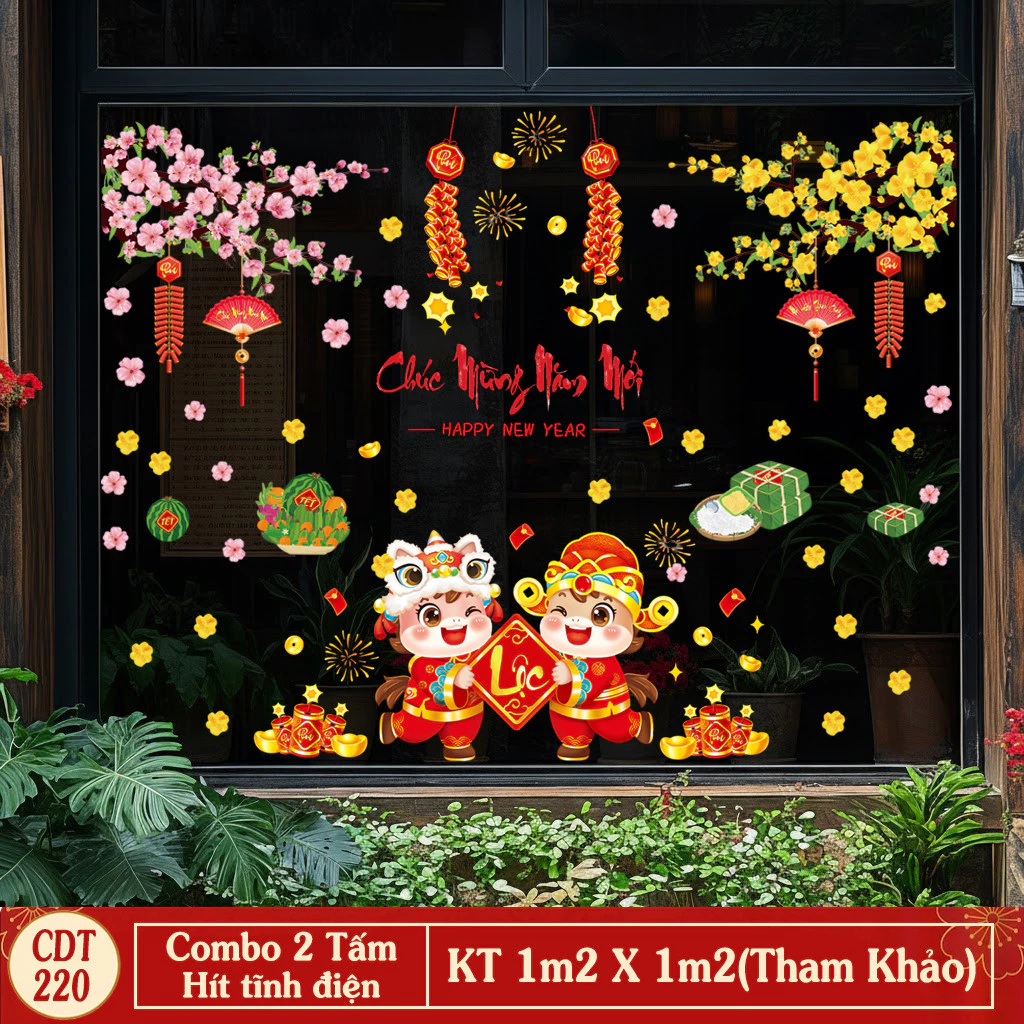 DECAL TĨNH ĐIỆN TRANG TRÍ TẾT MAI ĐÀO VÀ HAI BÉ ÔM LỘC