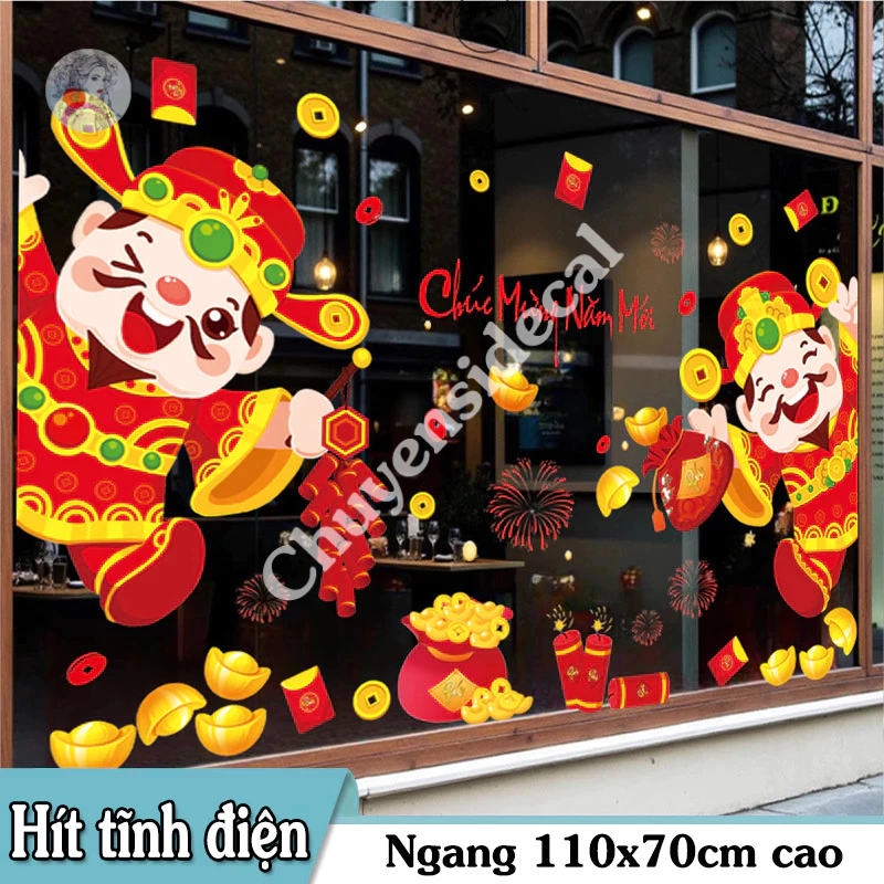 DECAL TĨNH ĐIỆN TRANG TRÍ TẾT HAI ÔNG THẦN TÀI ĐÓN CHÀO