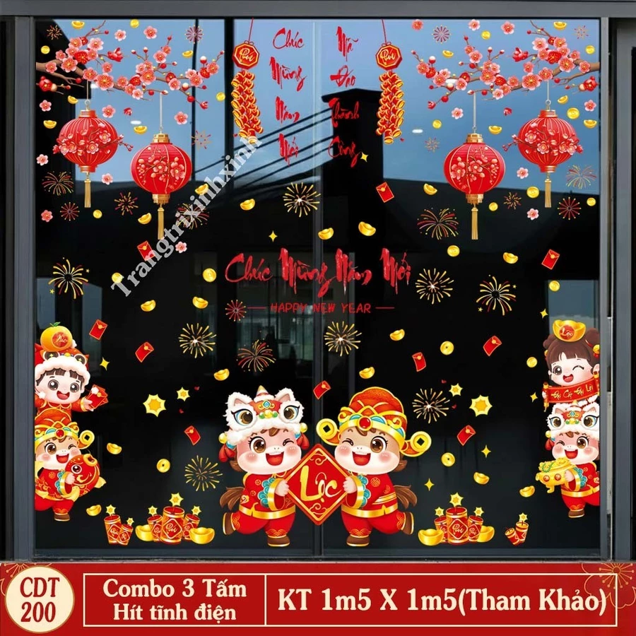 DECAL TRANG TRÍ TẾT TĨNH ĐIỆN CÀNH ĐÀO ĐỎ VÀ NHỮNG NGƯỜI BẠN NHỎ