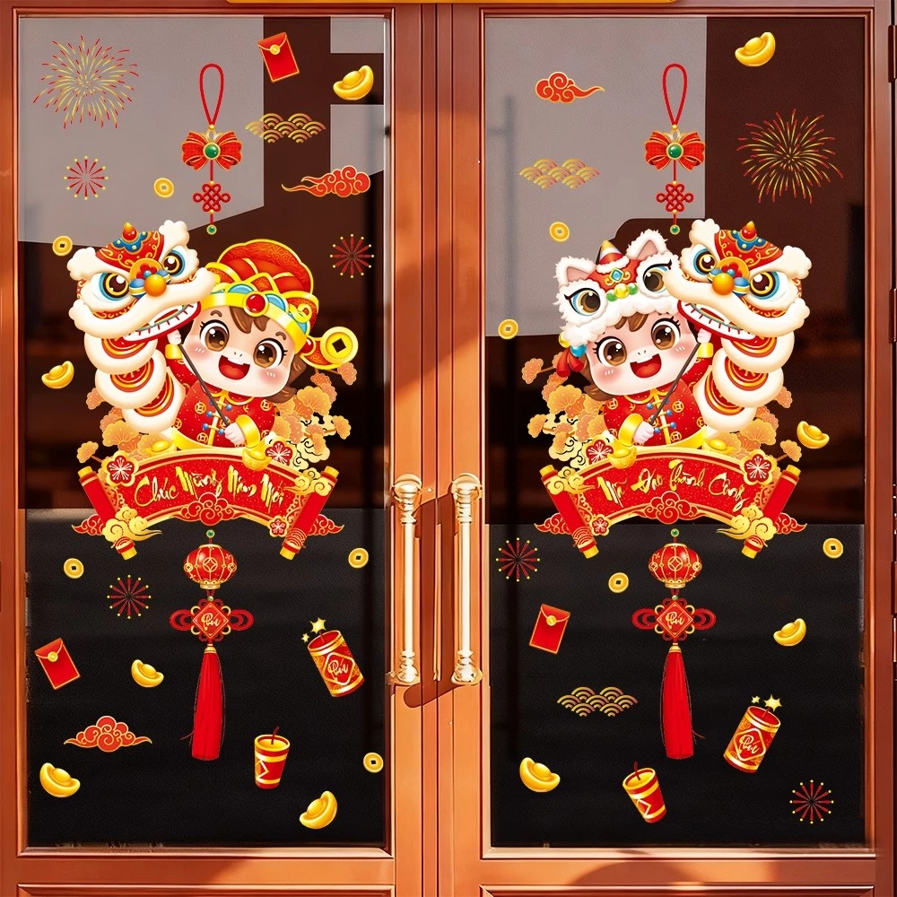 DECAL TĨNH ĐIỆN TRANG TRÍ TẾT HAI CON NGỰA NHỎ ĐỘI MŨ LÂN