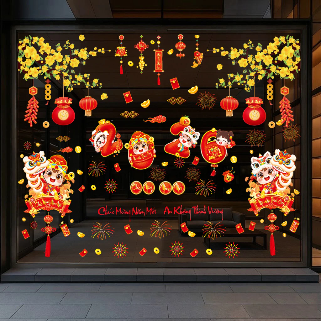 DECAL TĨNH ĐIỆN TRANG TRÍ TẾT HAI CÀNH MAI VÀNG 2026