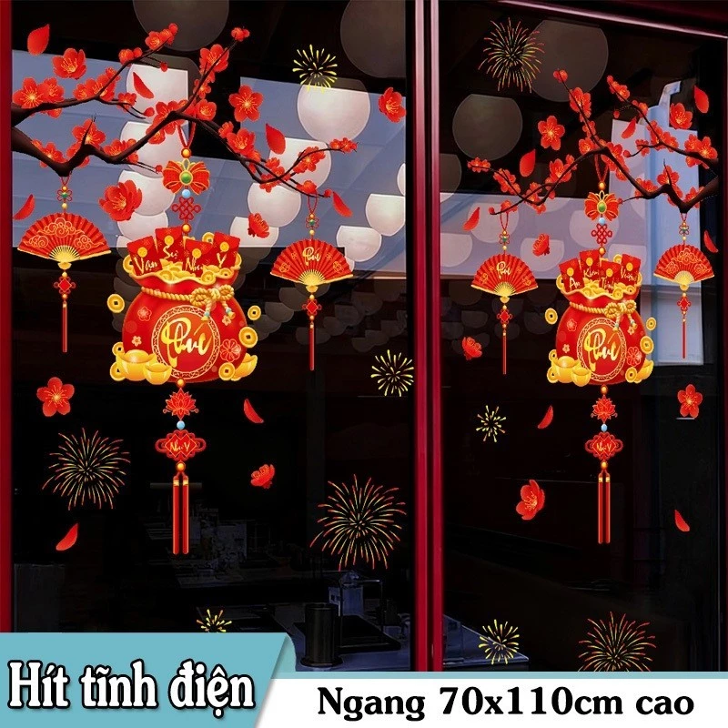 DECAL TRANG TRÍ TẾT TĨNH ĐIỆN TÚI TIỀN TREO TRÊN CÀNH ĐÀO ĐỎ