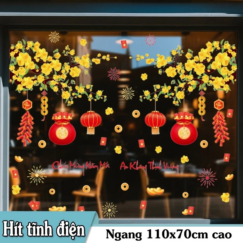 DECAL TĨNH ĐIỆN TRANG TRÍ TẾT HAI NHÁNH MAI VÀNG VÀ TÚI TIỀN