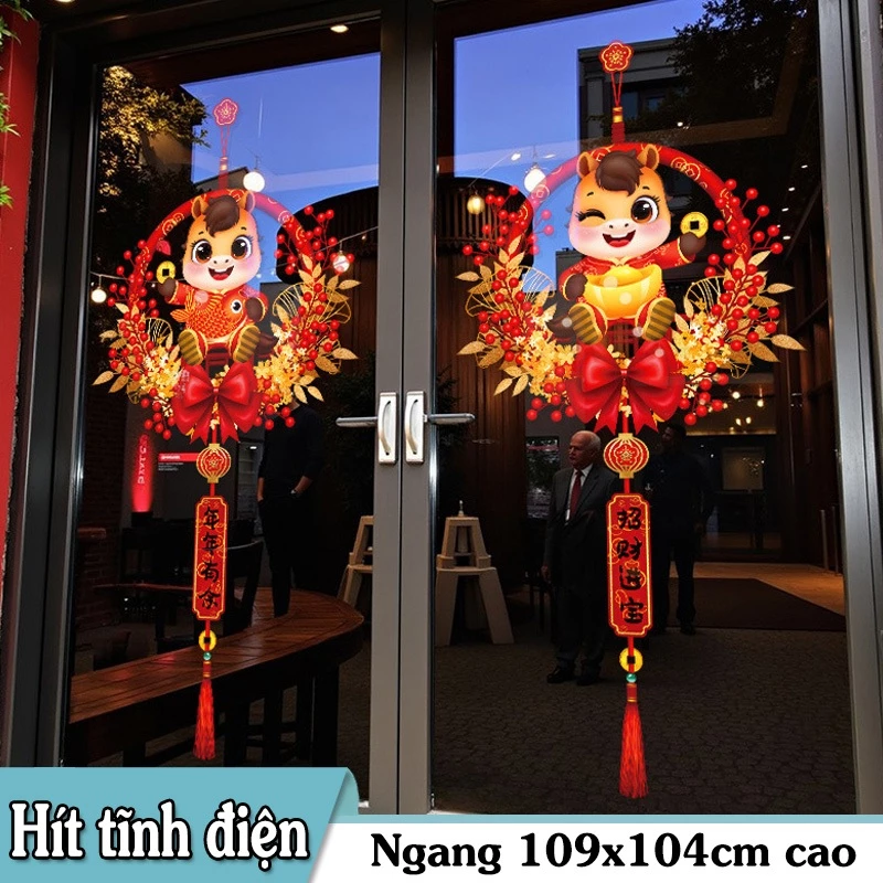 DECAL TĨNH ĐIỆN TRANG TRÍ TẾT VÒNG TREO ĐÔI NGỰA MAY MẮN CHÚC TẾT