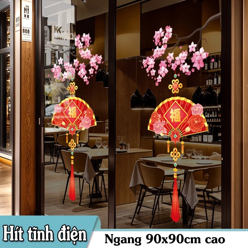 DECAL TRANG TRÍ TẾT CÀNH ĐÀO HỒNG VÀ QUẠT ĐỎ MAY MẮN