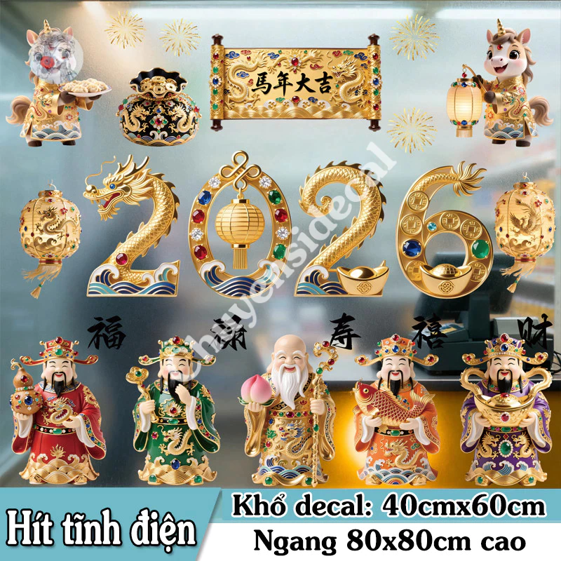 DECAL TĨNH ĐIỆN LUXURY TRANG TRÍ TẾT PHÚC LỘC THỌ XUÂN 2026