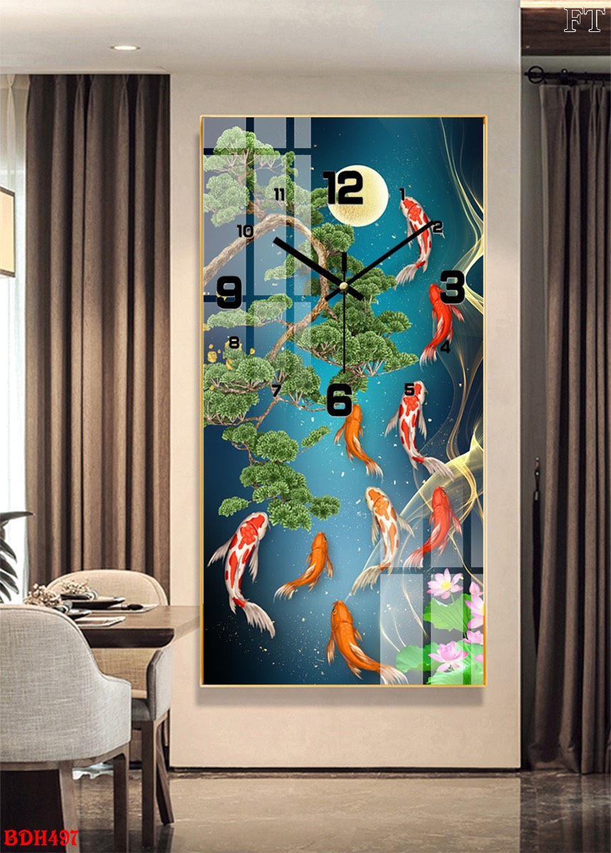 TRANH ĐỒNG HỒ TRÁNG GƯƠNG HÌNH CHỮ NHẬT ĐỨNG CỬU NGƯ HỘI TỤ