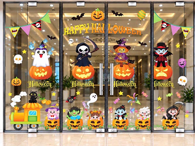 DECAL TRANG TR&Iacute; HALLOWEEN CHO CỬA K&Iacute;NH TRƯỜNG HỌC