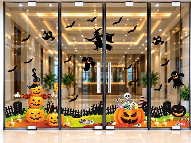 DECAL TRANG TR&Iacute; HALLOWEEN CHO CỬA K&Iacute;NH TRƯỜNG MẦM NON