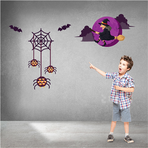 Decal trang trí Halloween 2020 phù thủy và bầy nhện