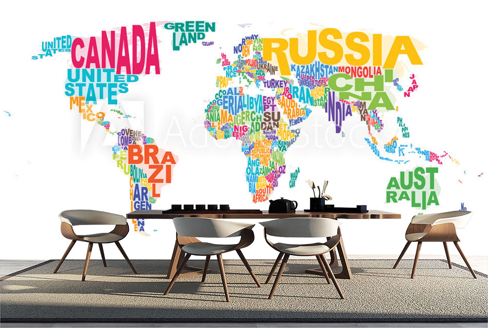 Tranh dán tường 3D Bản đồ chữ đủ màu tên các quốc gia