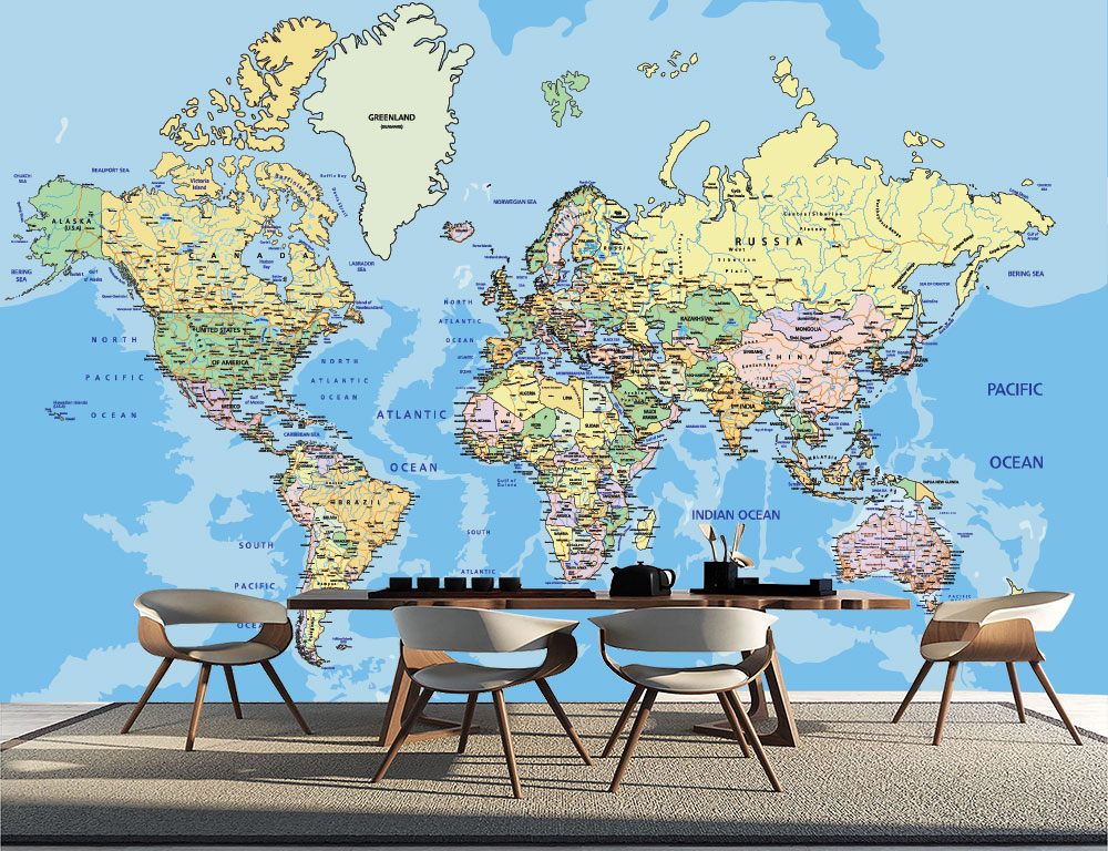 Tranh dán tường 3D bản đồ thế giới tên các quốc gia
