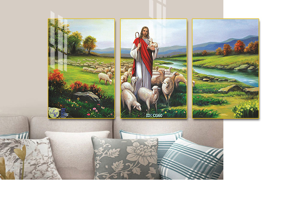 Tranh dán tường 3D Thiên chúa Giêsu bên đàn cừu