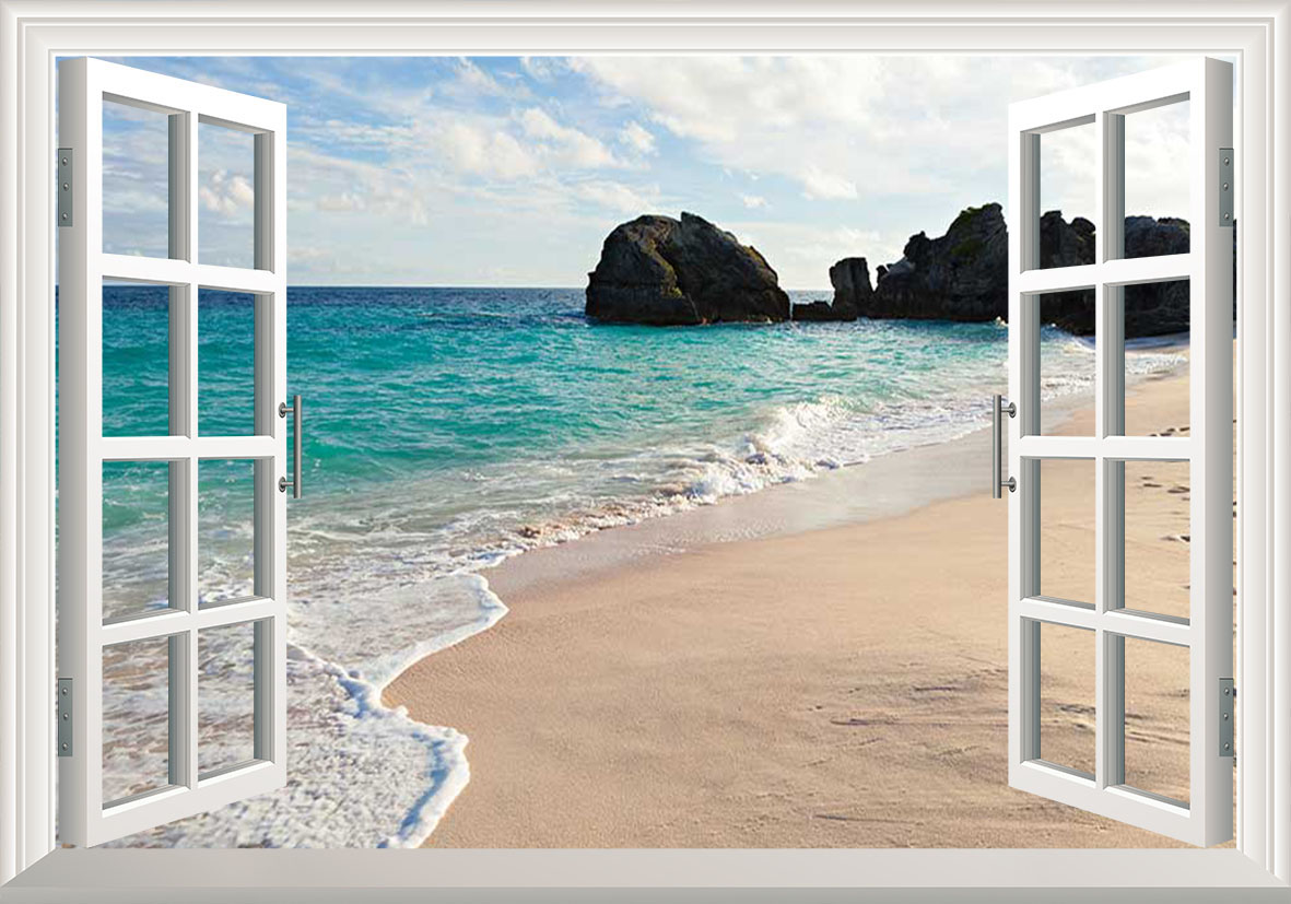 Tranh dán tường cửa sổ 3D bãi biển Sầm Sơn